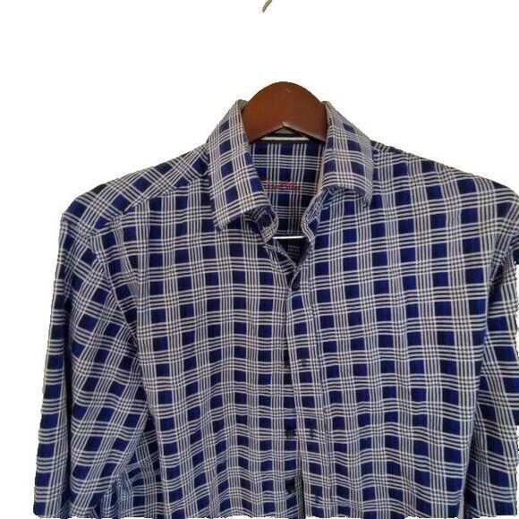 Tasso Elba Button Shirt‎ Men M Blue/White Check Egyptian Cotton Casual Business - Picture 1 of 3